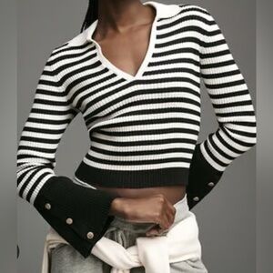 Anthropologie-Maeve-Black & White Striped V-Neck Sweater, Size Medium, Worn 1x